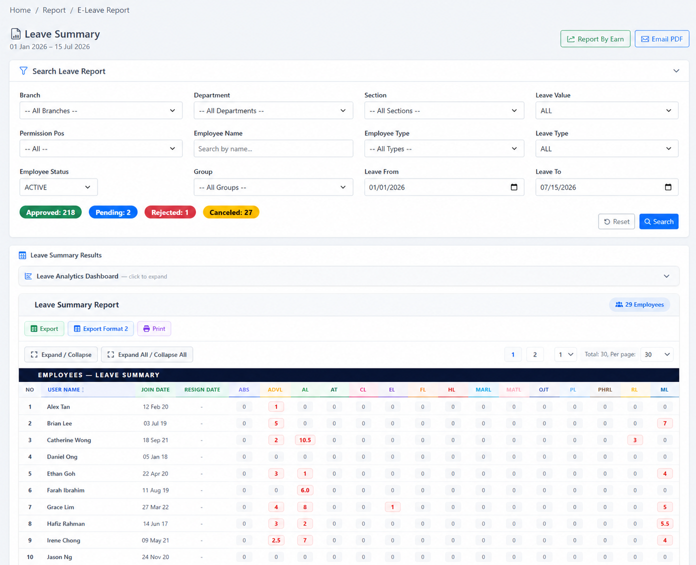 Leave Adjustments, Reports & Transactions: Leave reports
